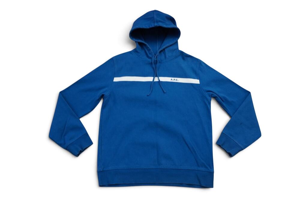 A.P.C. Hoodie Mens Medium Blue Stripe Logo Graphic Pullover Fleece Cotton